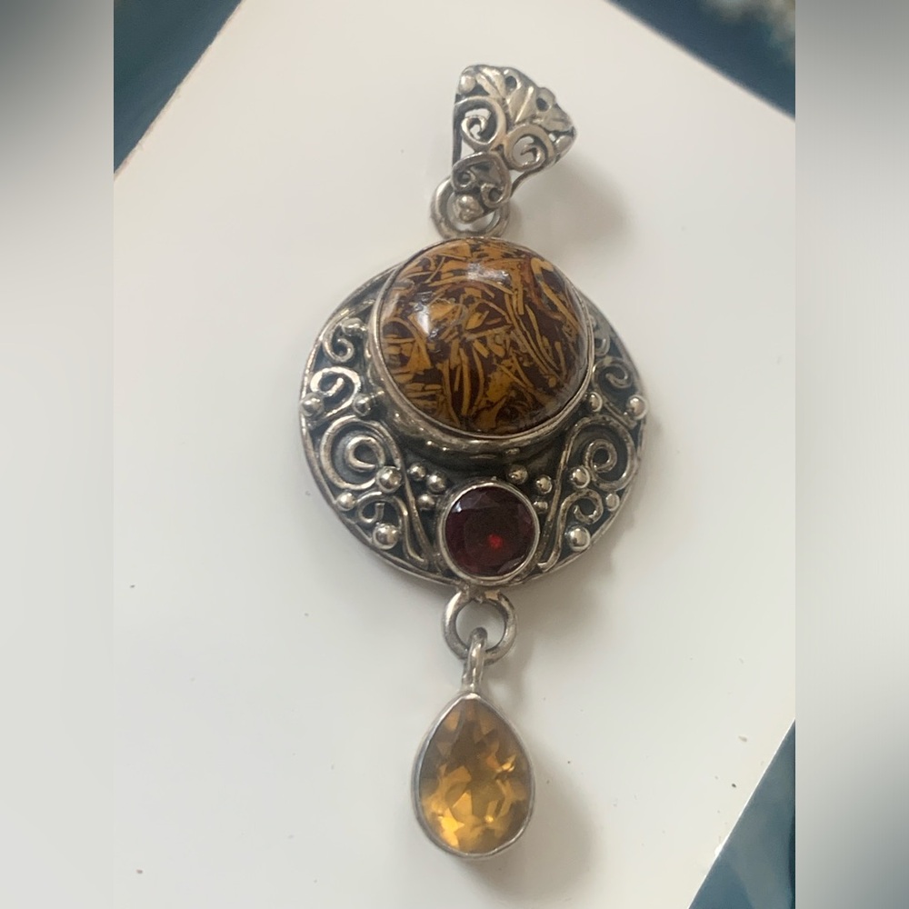 Coquina jasper sterling silver pendant with ge.stone accents